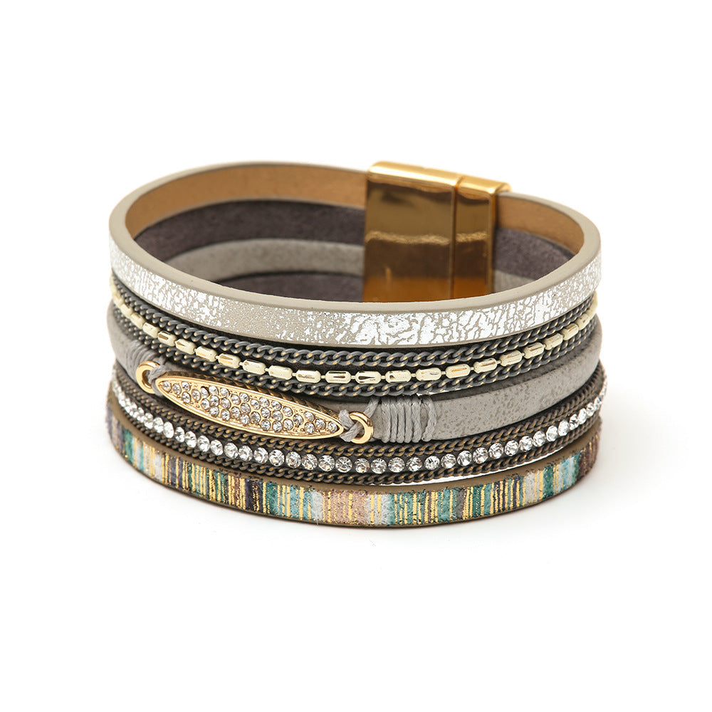 Pulsera magnética de cuero multicapa bohemia