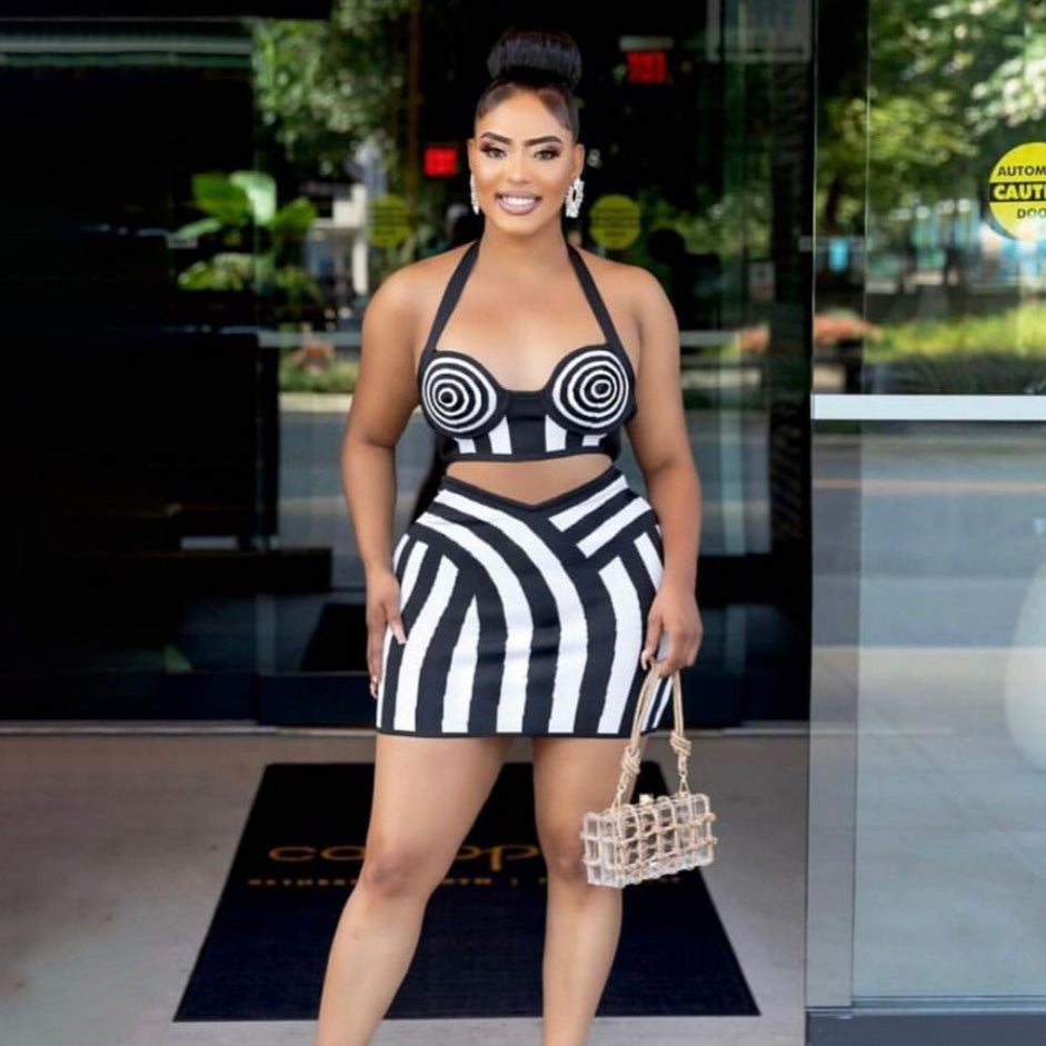 Women Fashion Sexy Zebra Stripe Halter-Neck Two-Piece Set