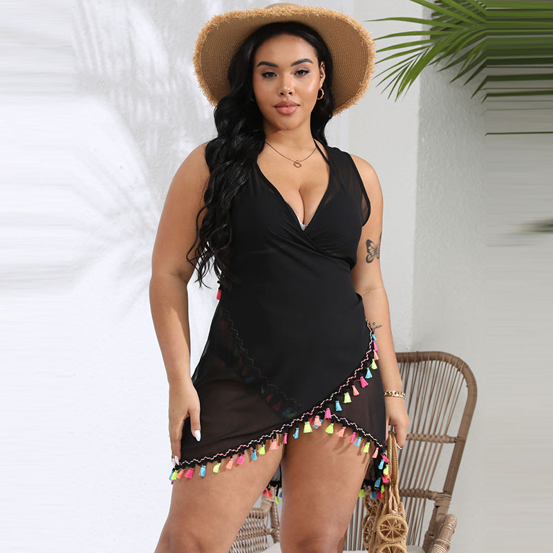 Summer Women Plus Size Beach Cross V-Neck Bikini Cover-Up