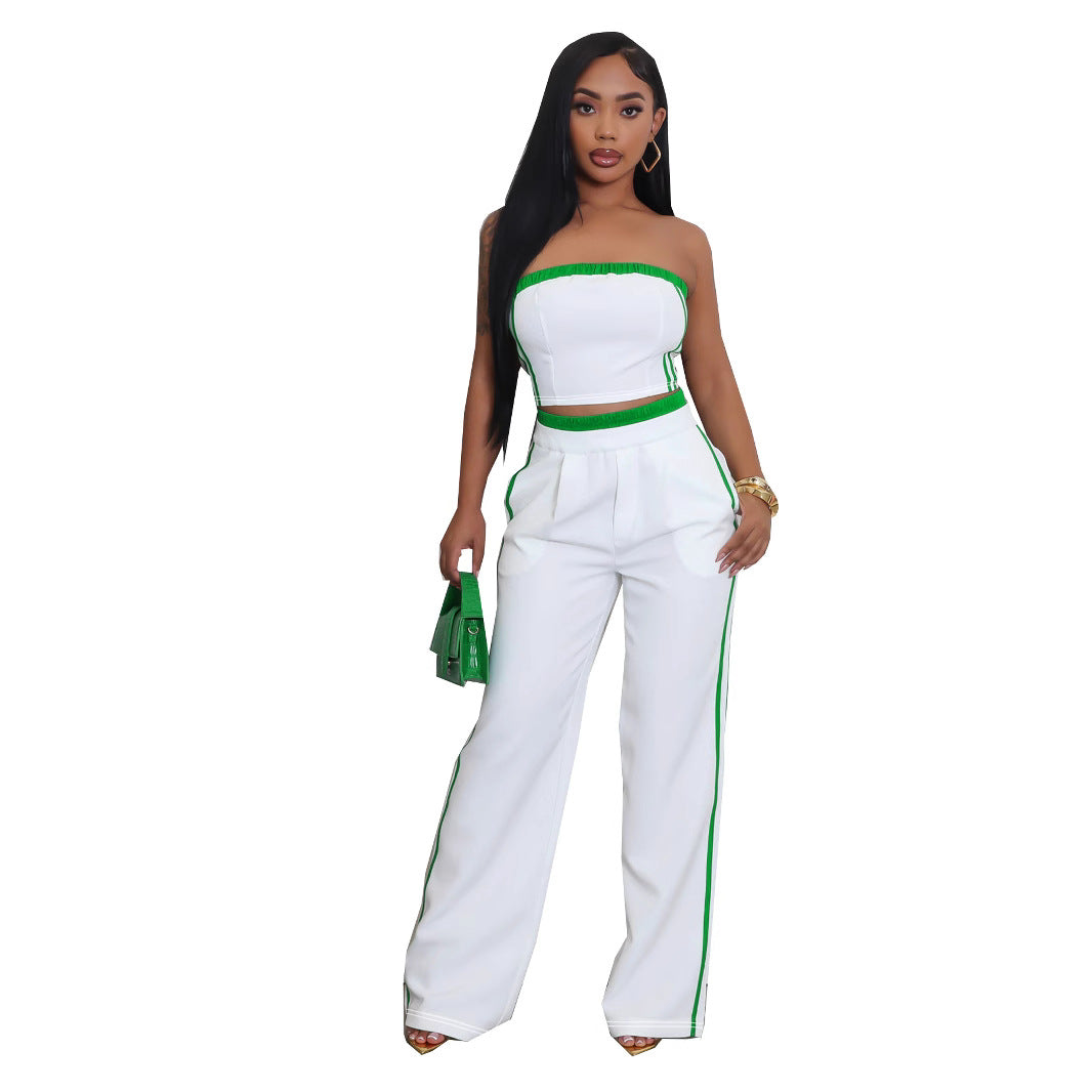 Ensemble haut sans bretelles et pantalon large à coutures contrastées pour femme