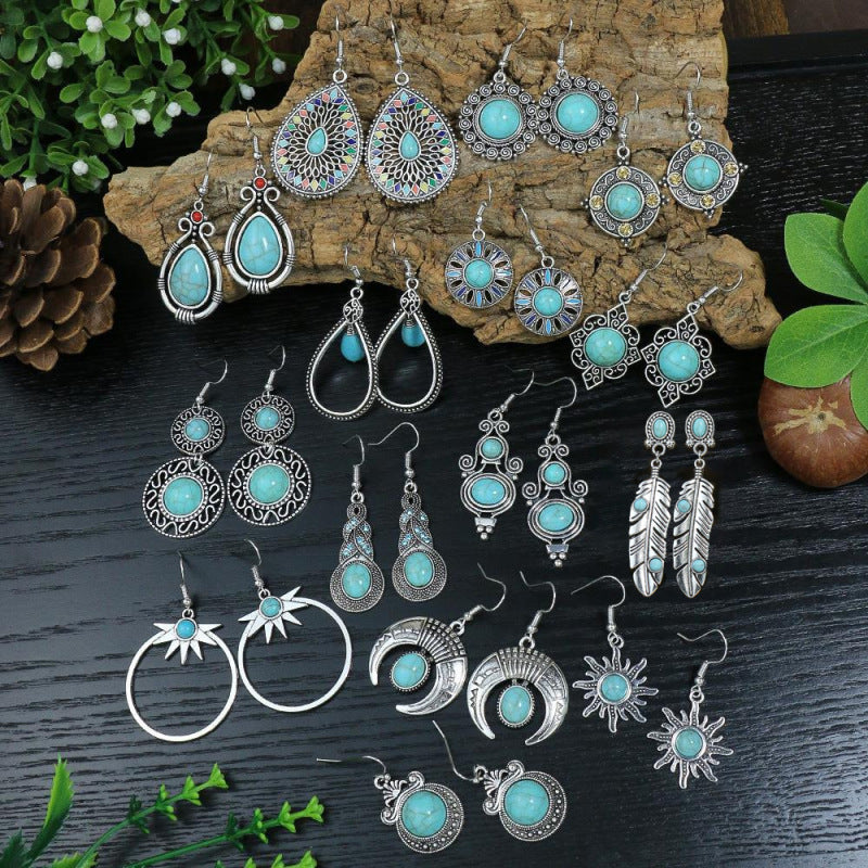 Conjunto de pendientes turquesa retro de estilo étnico bohemio