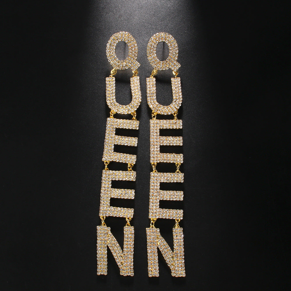 Women Fashion Exaggerated Long Zircon Queen Letter Earrings