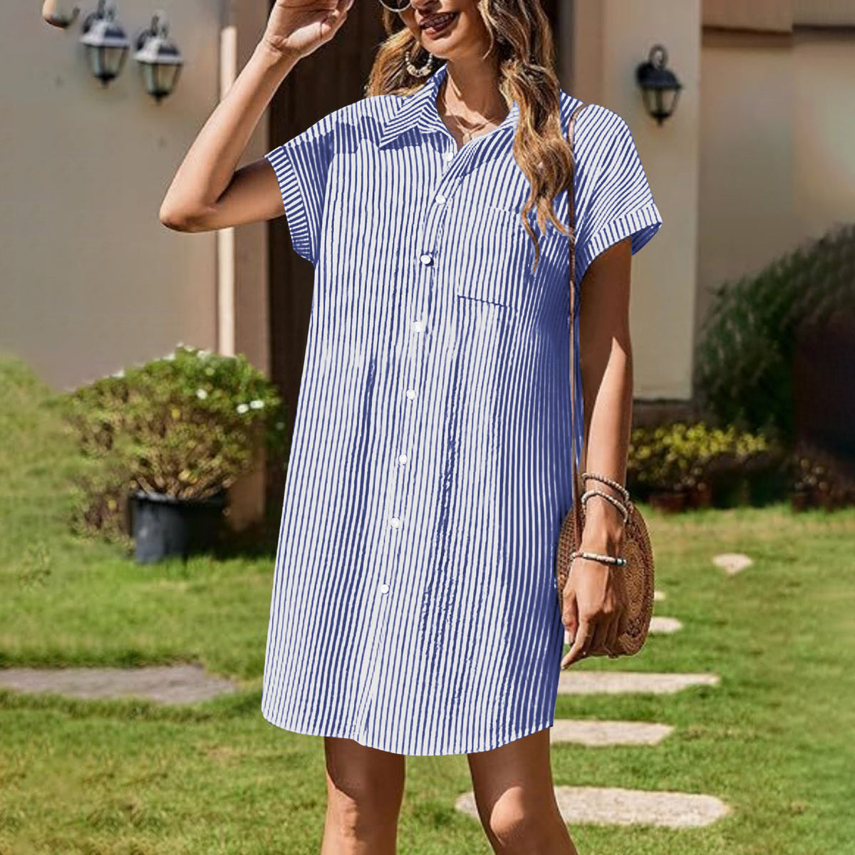 Vestido informal de manga corta con solapa y rayas para mujer