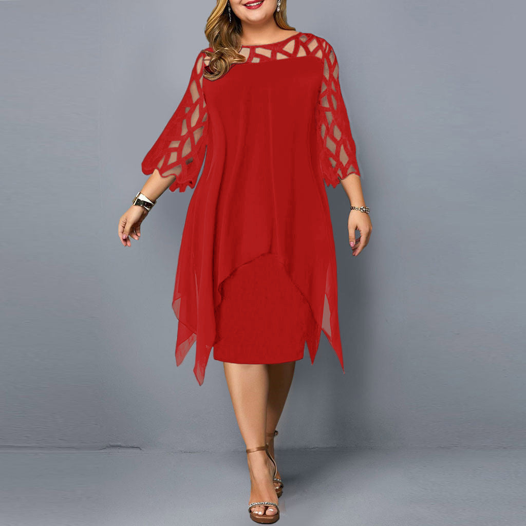 Vestido informal de gasa de manga larga con detalles de encaje para mujer, talla grande