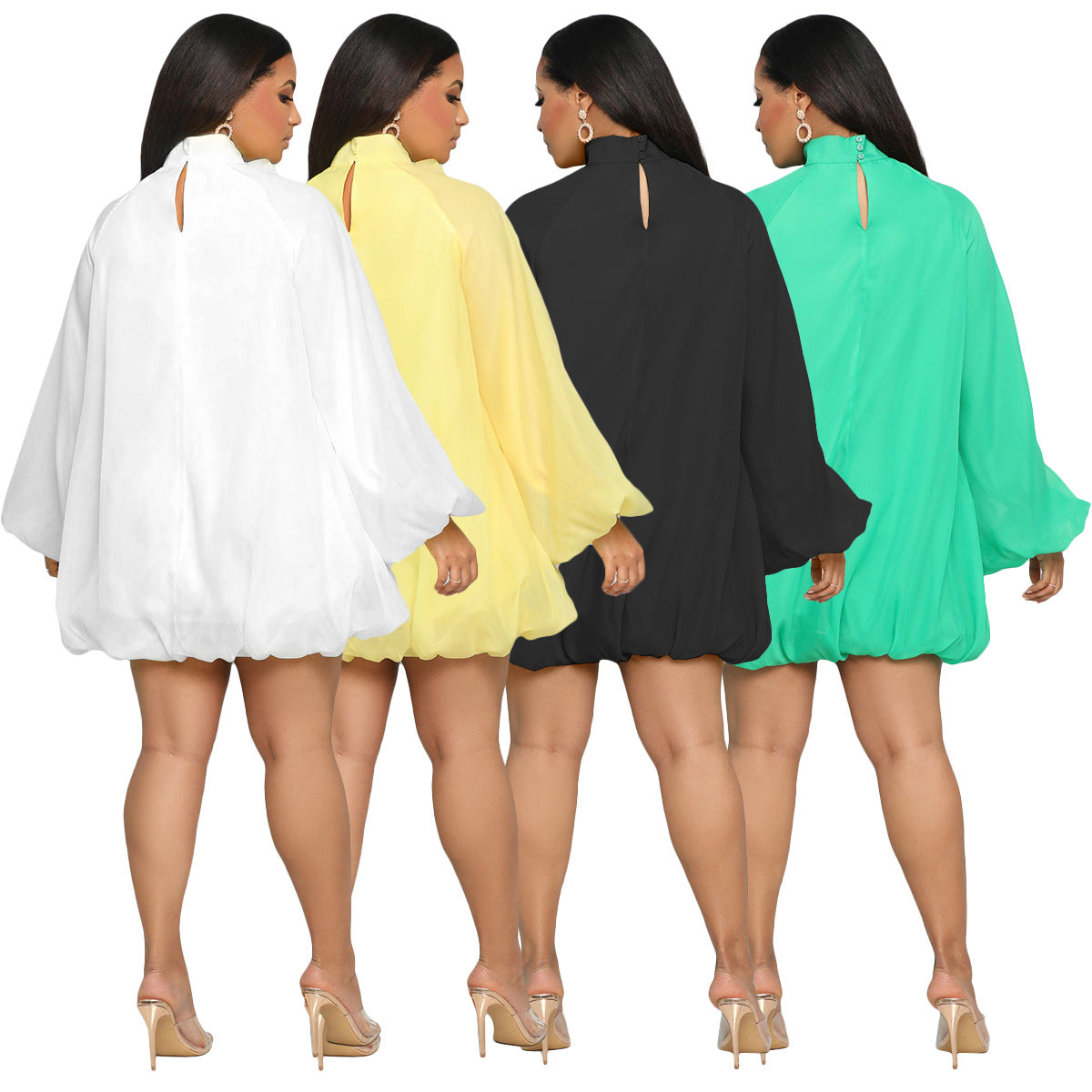 Women Fashion Solid Color Bow Puff Sleeve Chiffon Dress