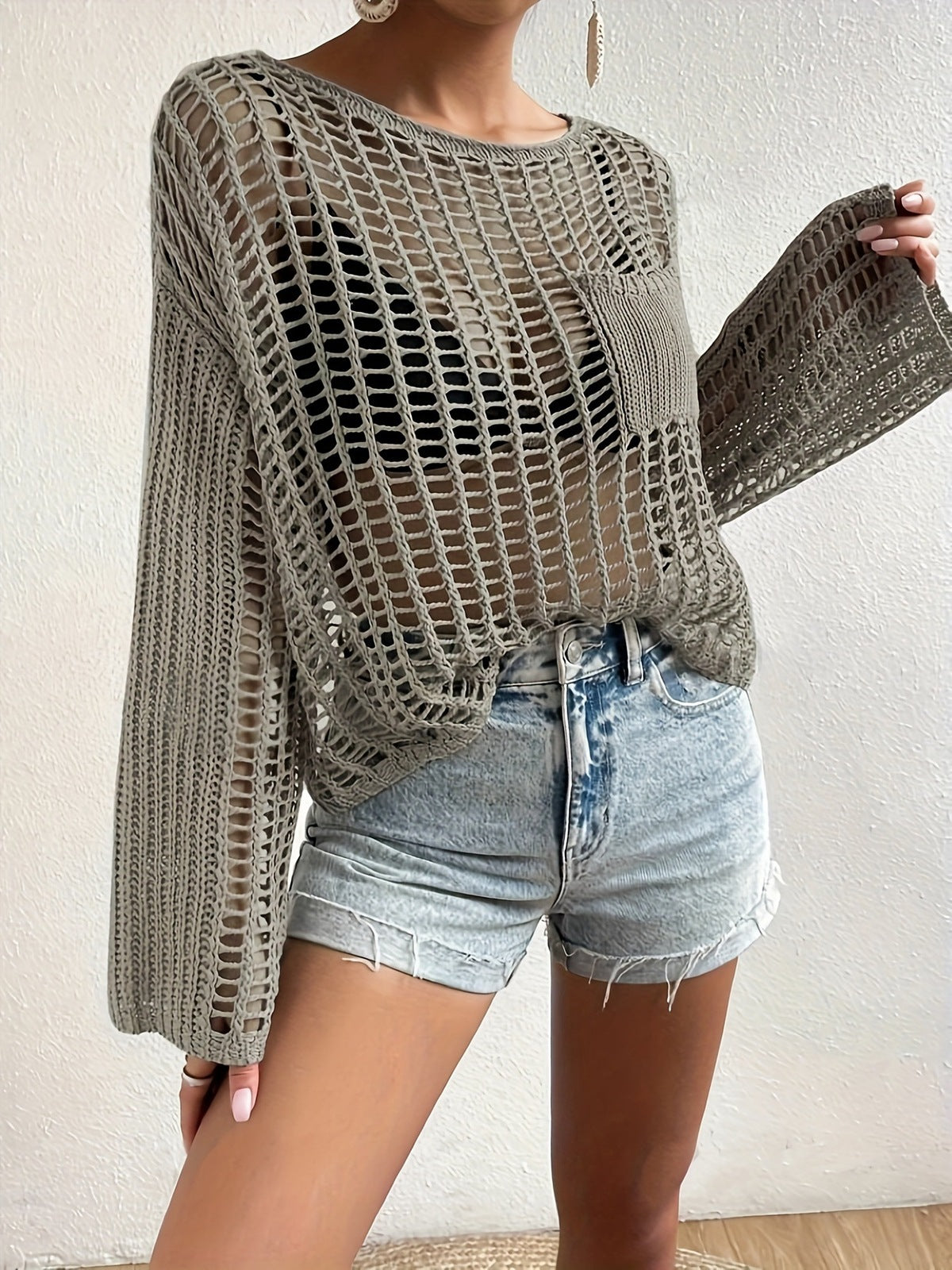 Women Summer Vacation Knitted Hollow Blouse with Pocket