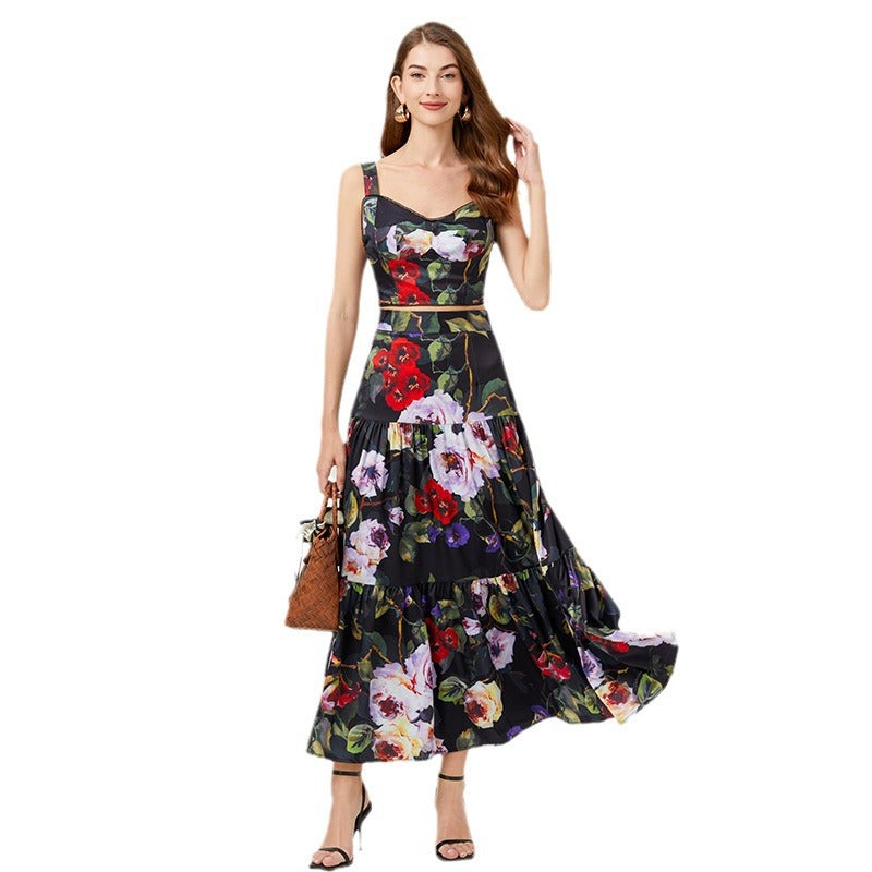 Women Summer Vacation Floral Print Crop Tank Top Long Skirt Set