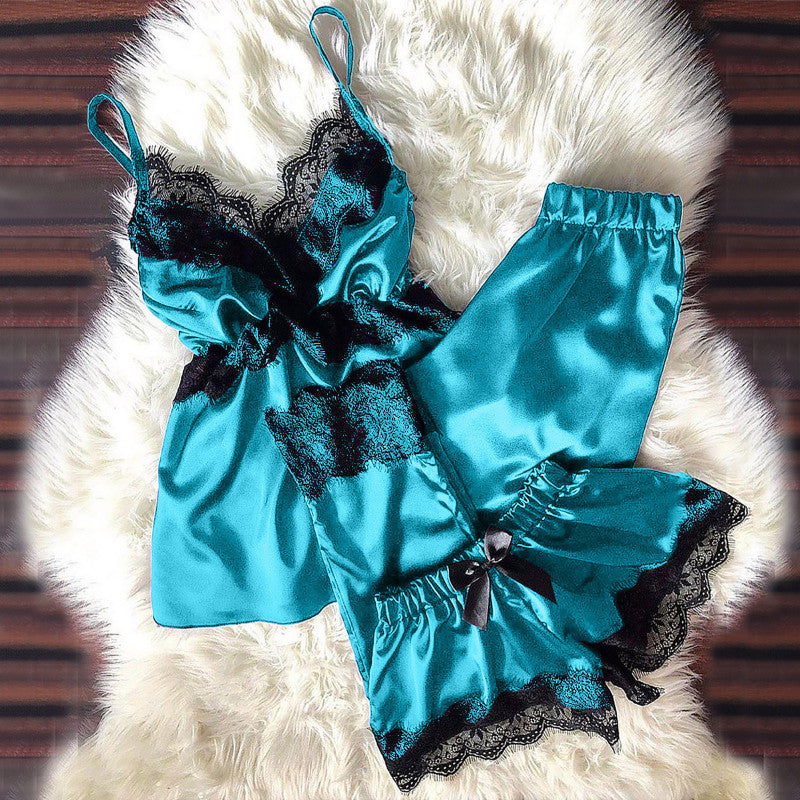 Sexy Women Solid Color Satin Lace Patchwork Pajamas Set