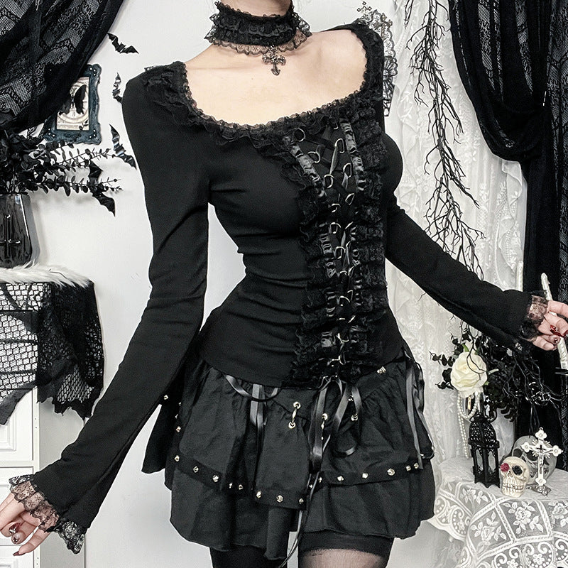 Women Fashion Gothic Lace Splicing Long-Sleeve T-Shirt