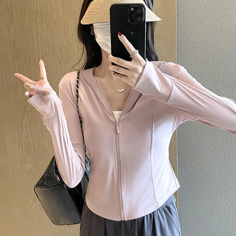Chaqueta con capucha y cremallera de poliéster de color sólido informal para mujer