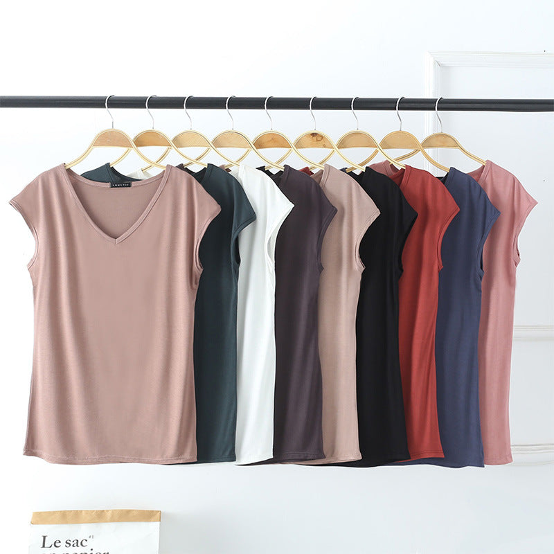 Camiseta informal de manga corta con cuello en V y color liso para mujer