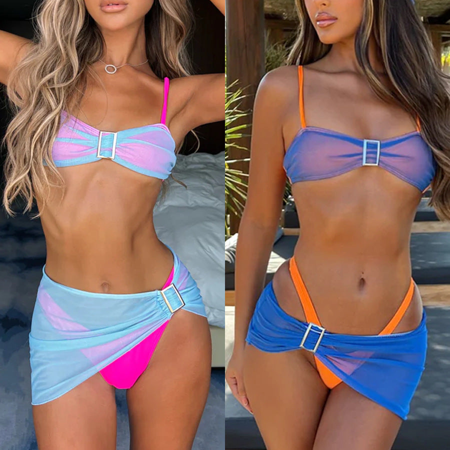 Summer Vacation Mesh Three-Piece Bikini Swimsuit