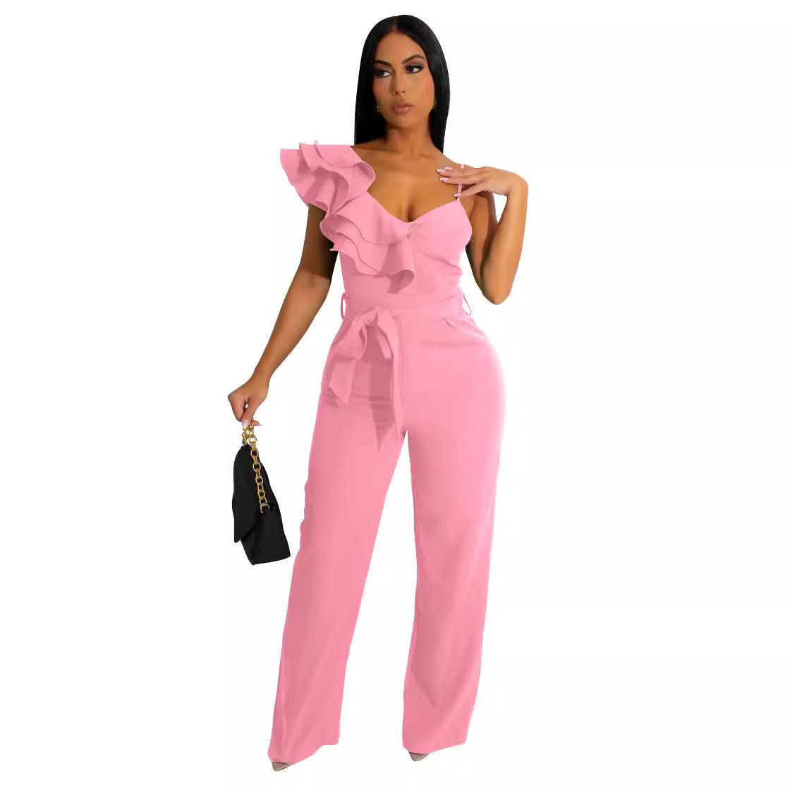 Women Fashion Solid Color V-Neck Ruffled Jumpsuits