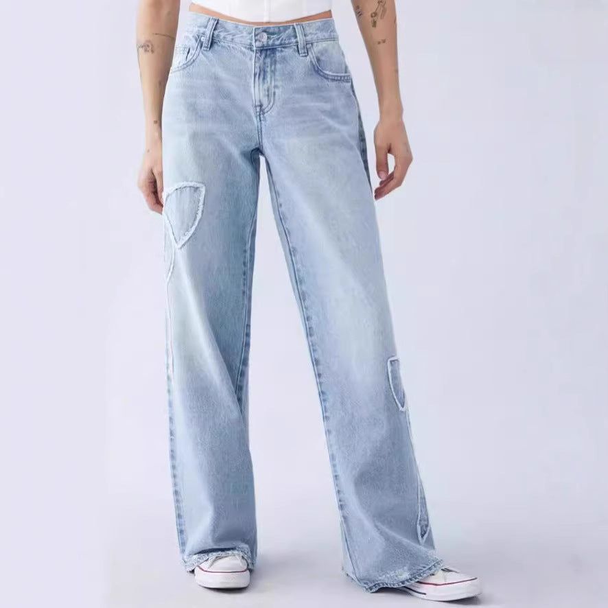 Women Fashion Embroidered Side Edge Butterfly Loose Jeans