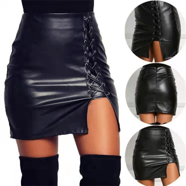 Women Fashion Lace-Up PU Skirt