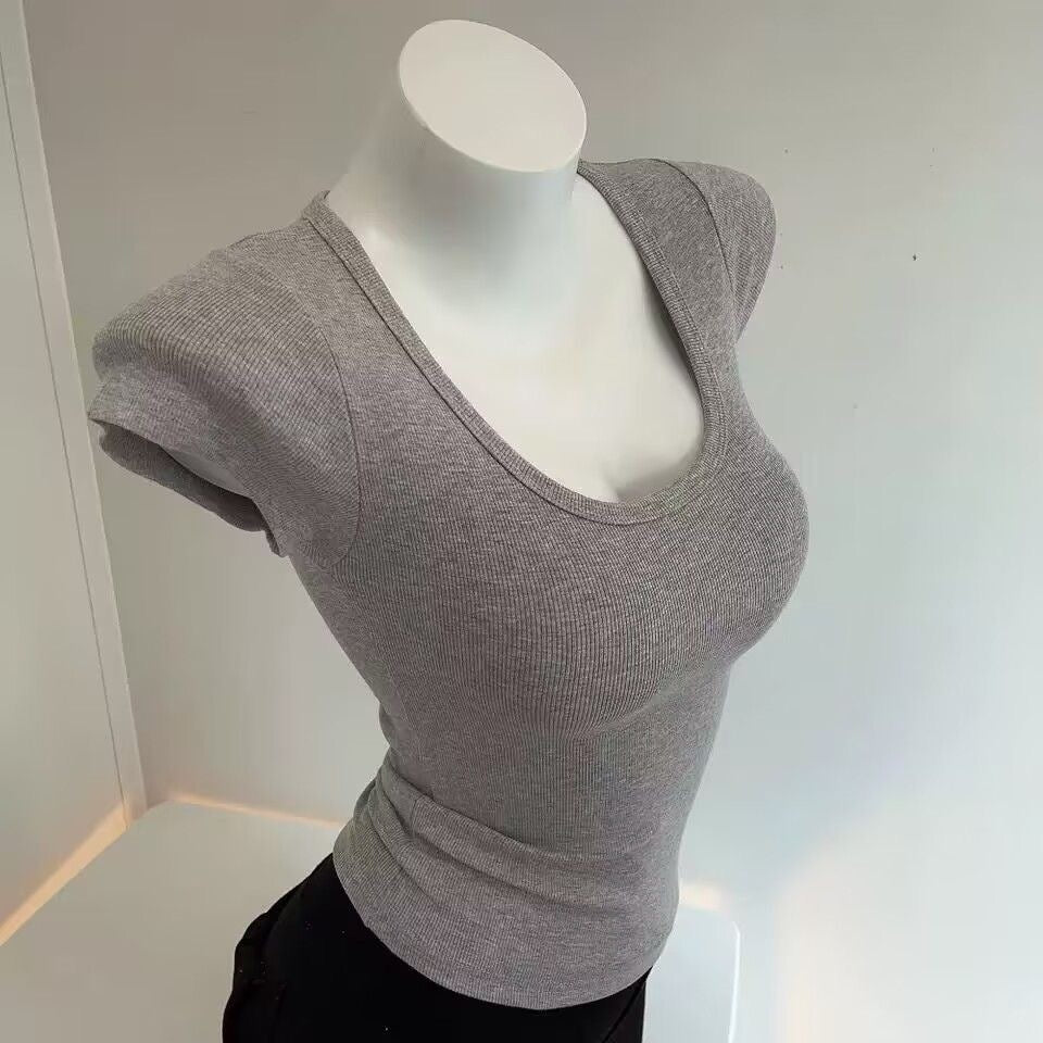 T-shirt slim à col en U pour femme, couleur unie, en mélange de polyester