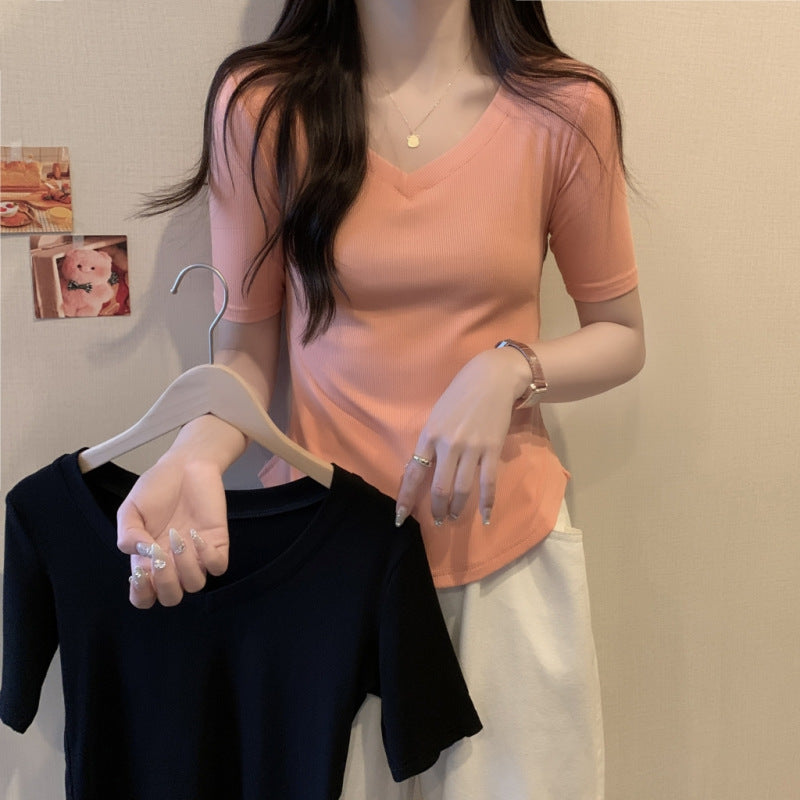 Women Fashion Solid Color V-Neck Blank T-Shirt - Casual Slim Fit