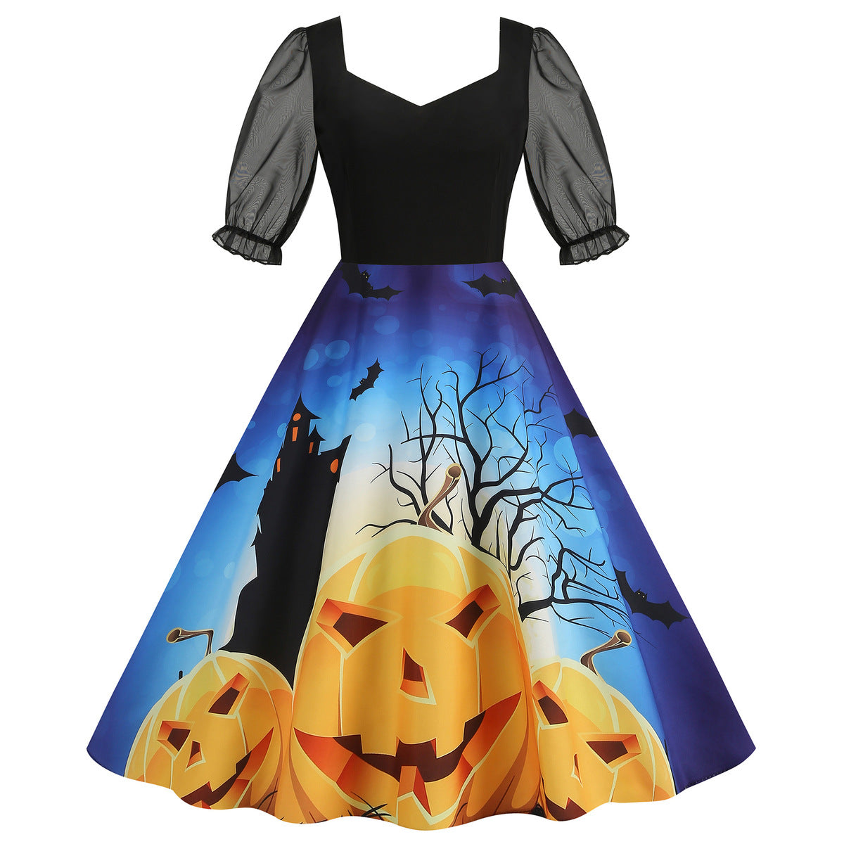 Halloween Party Mesh Sleeve Vintage Printed Dress