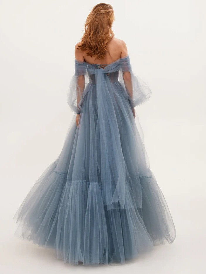 Vestido de fiesta elegante de malla con hombros descubiertos y manga larga para mujer en color liso