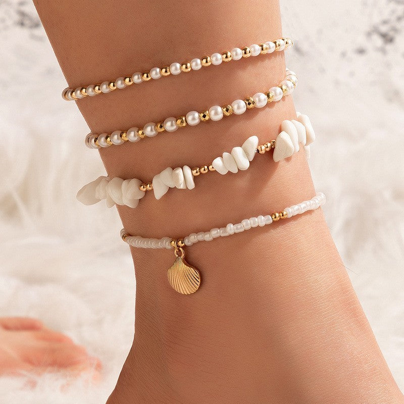 Conjunto de tobilleras con diseño de concha y perlas de imitación bohemias