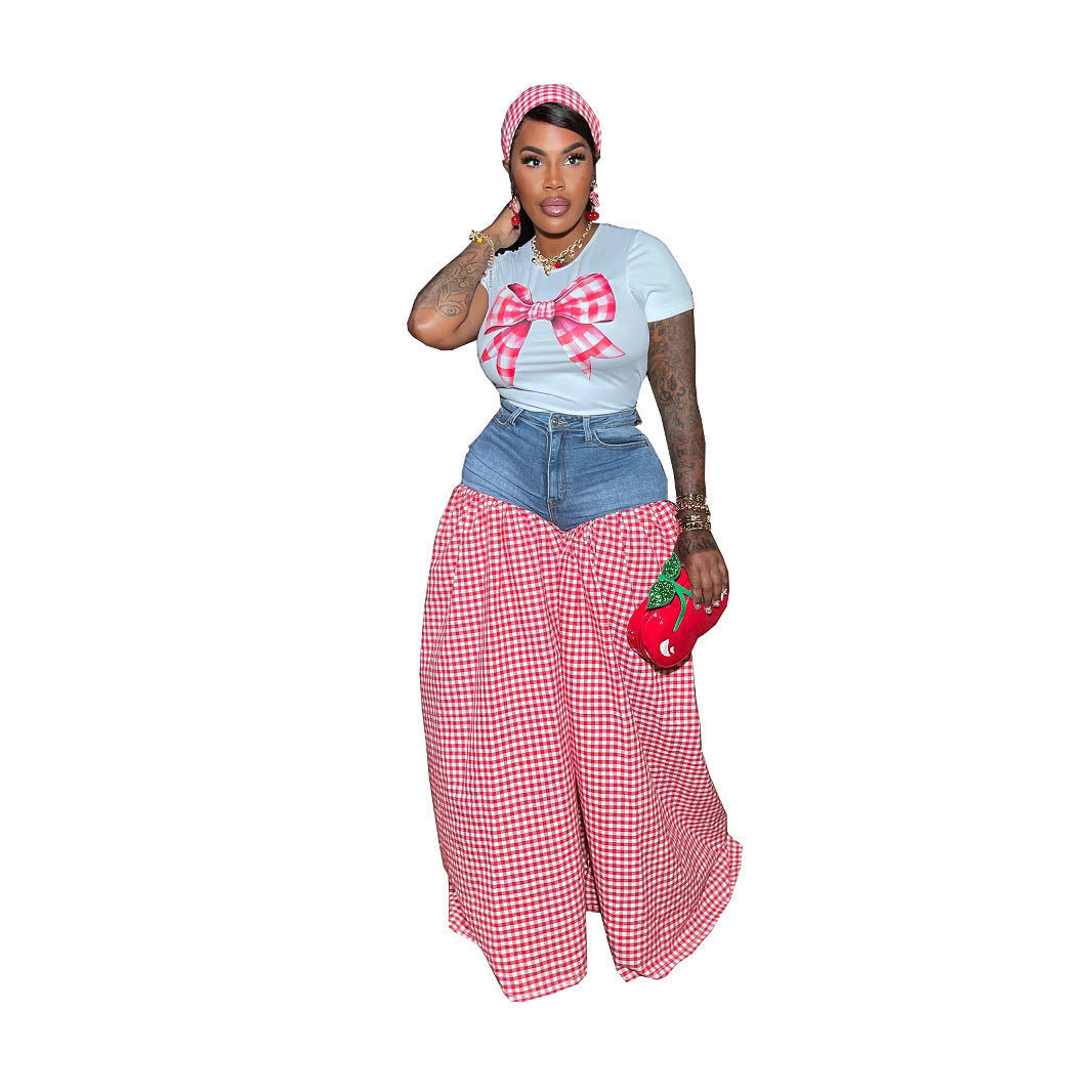 Ensemble t-shirt rose à nœud et pantalon en jean à carreaux pour femme