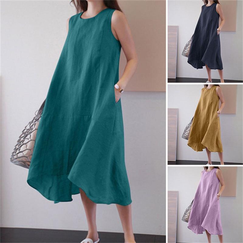 Robe décontractée sans manches en coton et lin de couleur unie pour femme