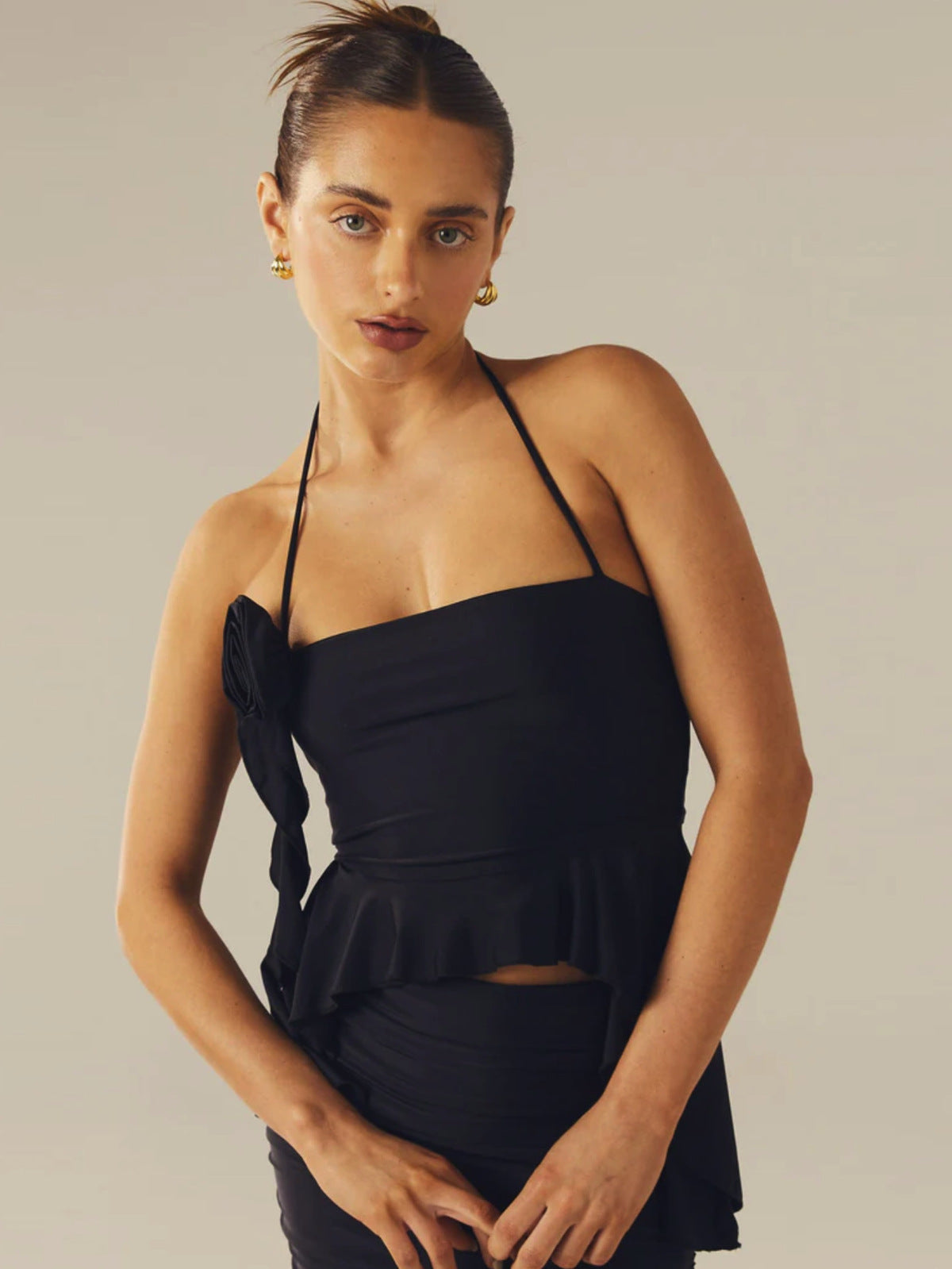 Women Fashion Sexy Solid Color Halter Neck Floral Camisole and Pleated Skirt Set