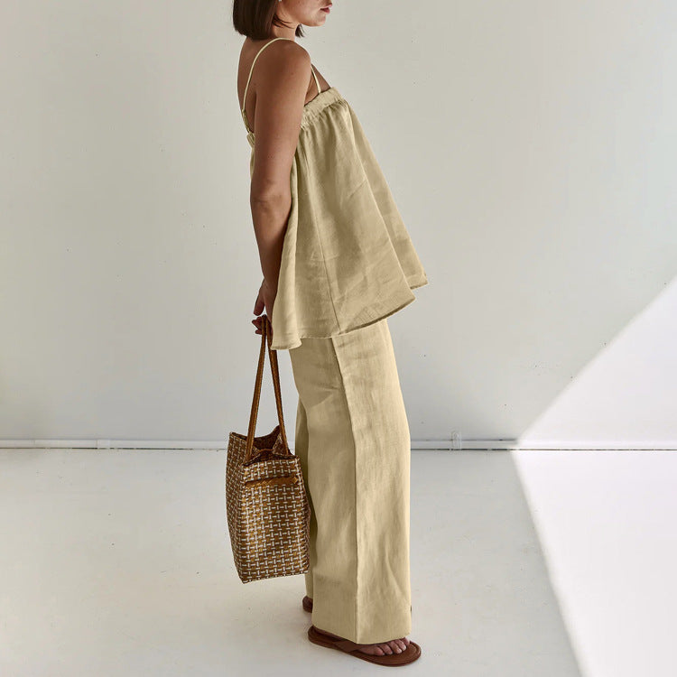 Conjunto de top con tirantes y pierna ancha de color liso a la moda para mujer