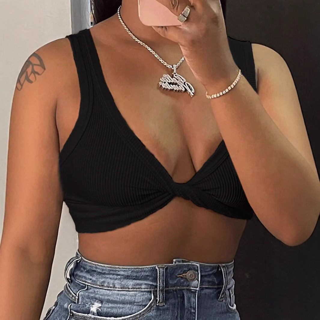 Women Sexy Solid Color Knotted Crop Top - Polyester Slim Fit