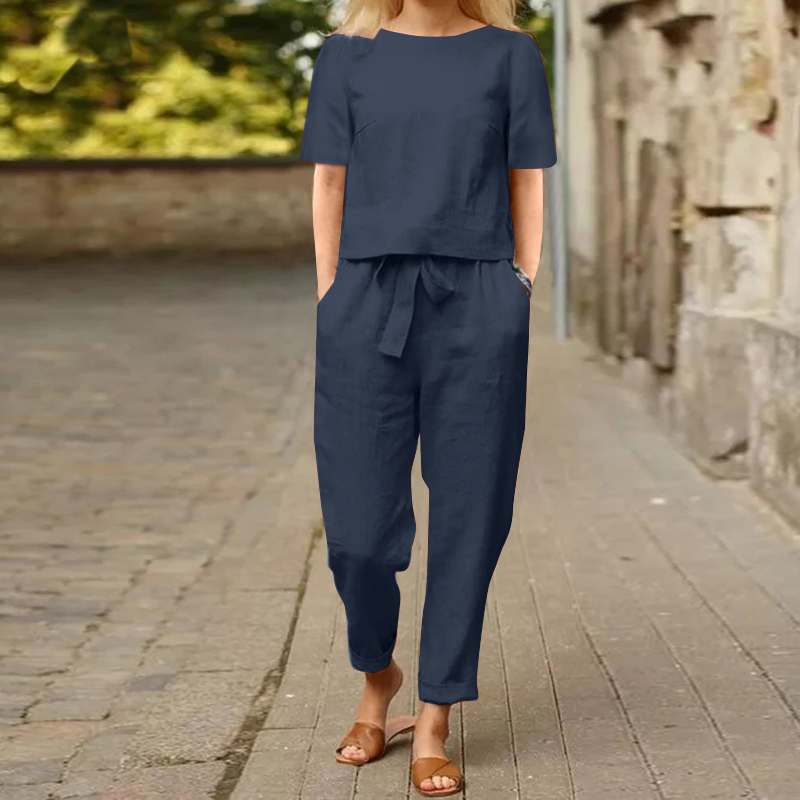 Women Casual Solid Color Cotton And Linen Pants Set