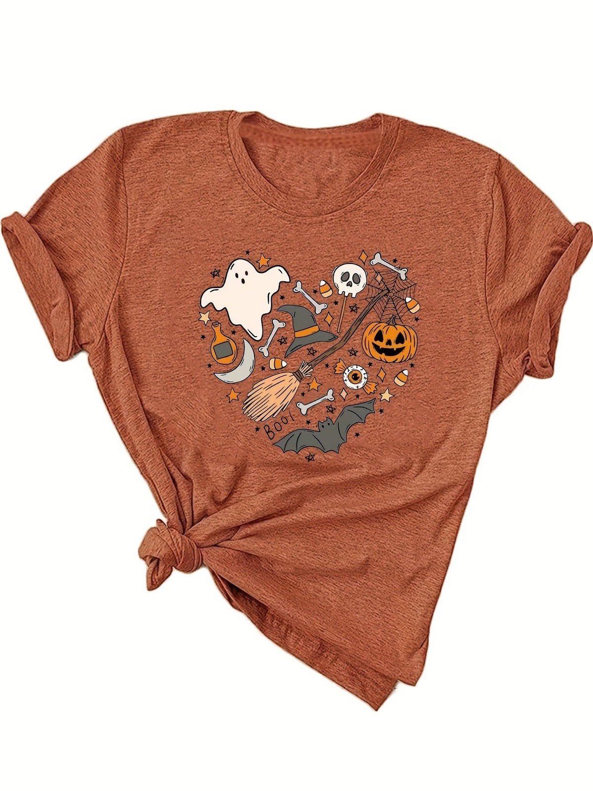 T-shirt col rond en coton imprimé Halloween pour femme
