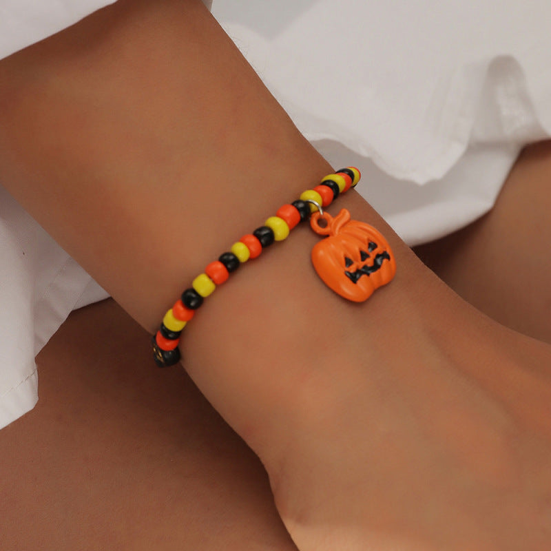 Pulsera unisex retro de cuentas naranjas con diseño de calabaza de Halloween