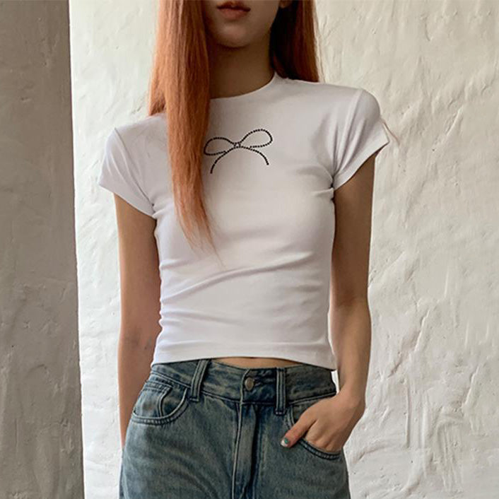 Women Casual Bowknot Printed Round Neck T-Shirt