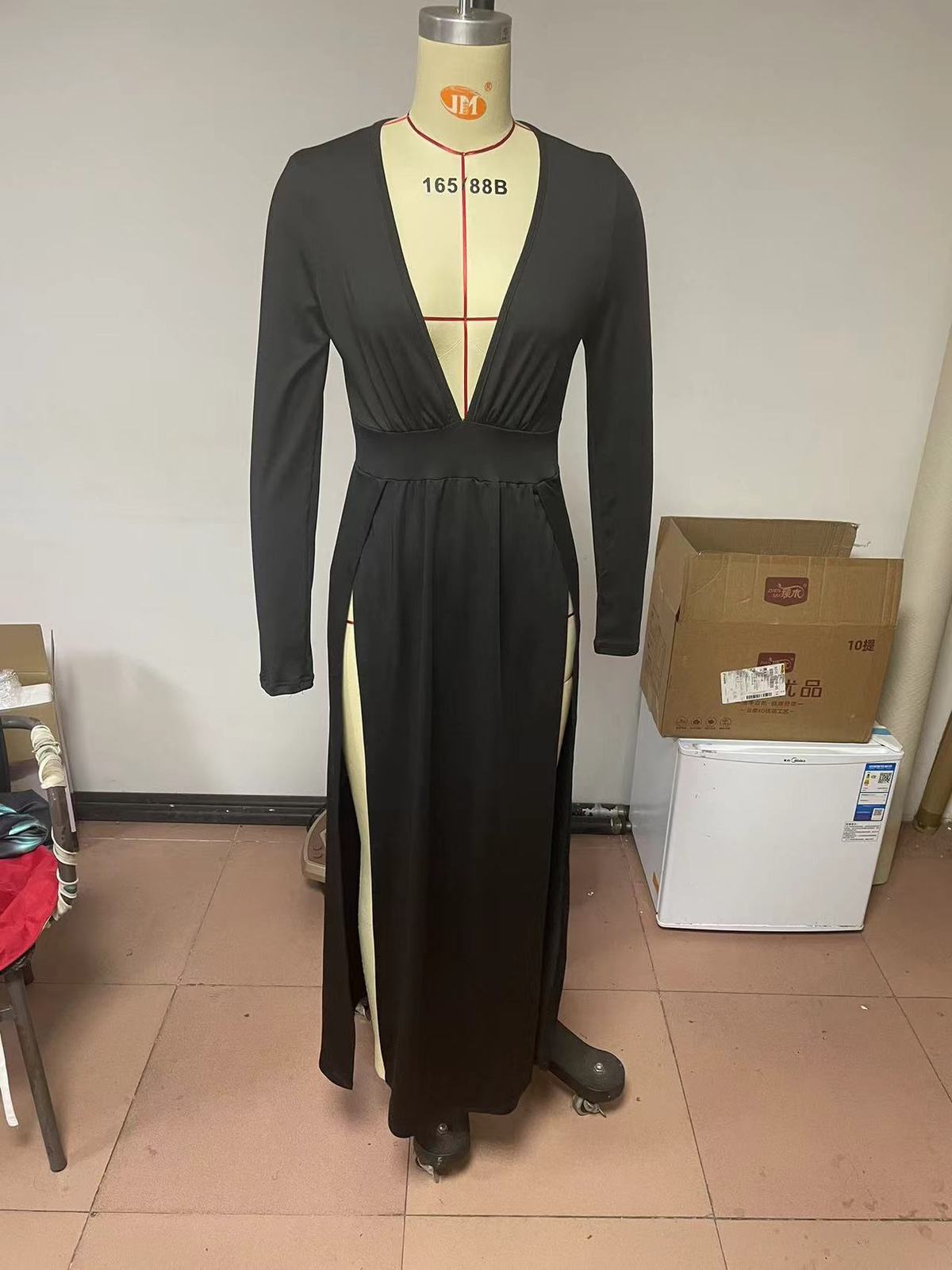 Women Fashion Sexy Solid Color V-Neck Long-Sleeve Dress