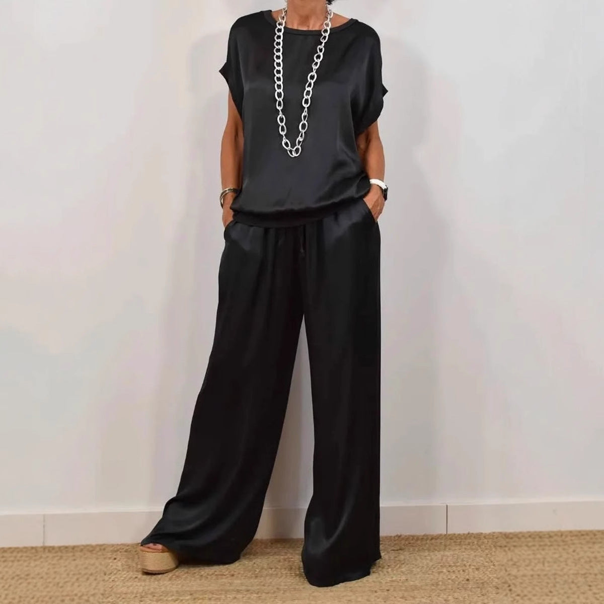 Women Casual Solid Color Sleeveless Blouse Pants Set