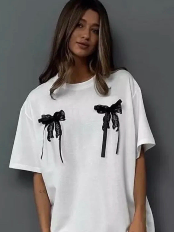 Summer Three-Dimensional Bow Lace Short-Sleeved T-Shirt