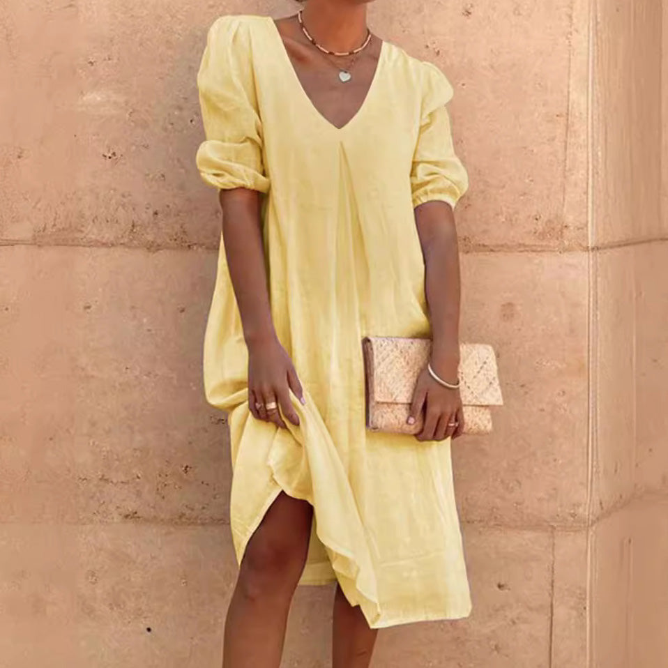 Women Casual Long Sleeve Cotton Linen Dress
