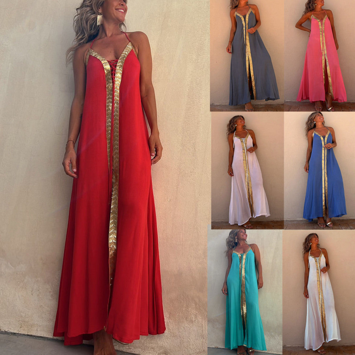 Vestido largo informal de verano con cuello halter y mangas abullonadas para primavera y verano
