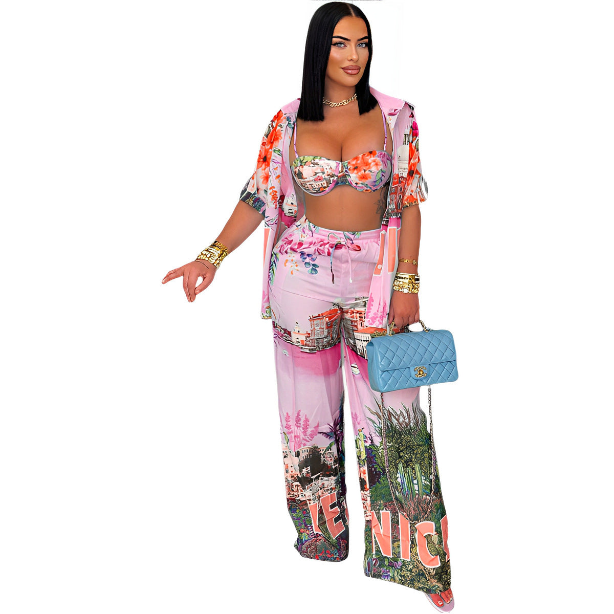 Conjunto de camiseta y pantalones cortos holgados de manga corta con solapa y estampado de vacaciones sexy para mujer