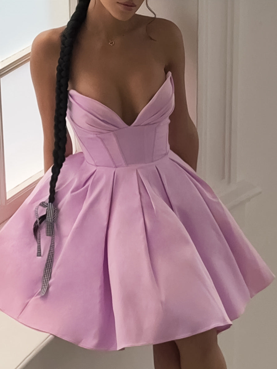 Vestido elegante de color liso sin tirantes y abullonado para mujer