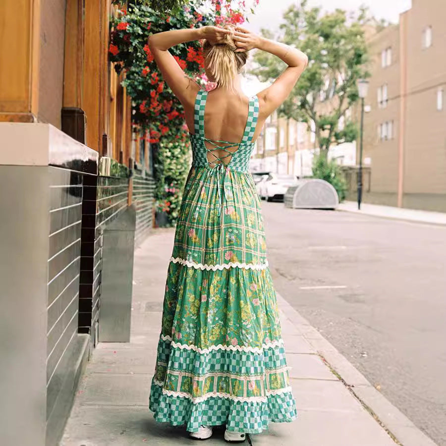 Women Fashion Printed Lace Sleeveless Backless Loose Dress