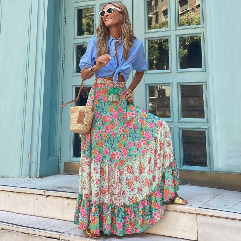 Falda con estampado floral informal para mujer, estilo bohemio, para vacaciones