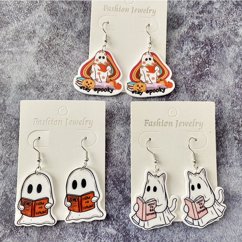 Pendientes acrílicos divertidos y creativos de gato fantasma para Halloween para mujer