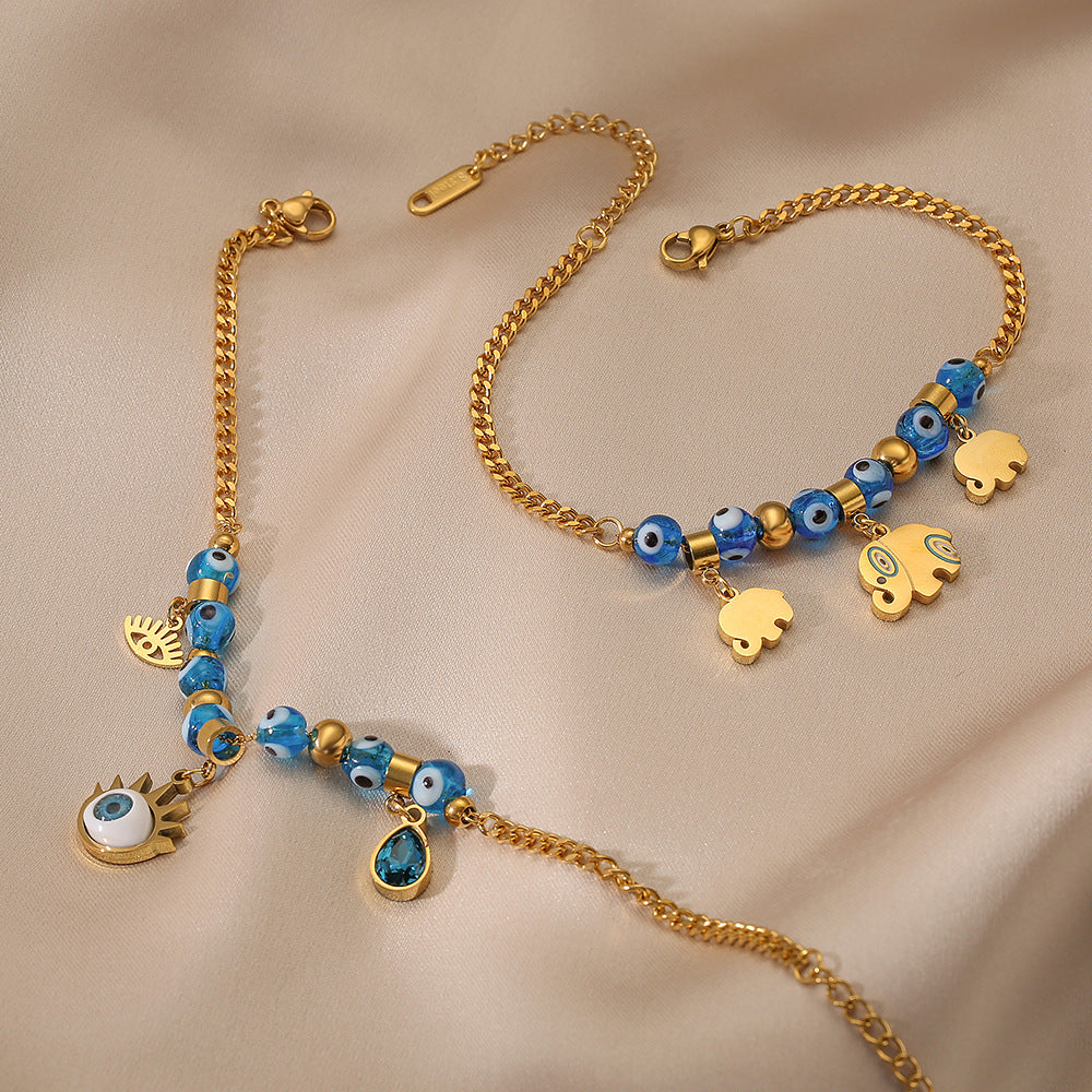 Pulsera con colgante de elefante y cuentas de ojo malvado para mujer