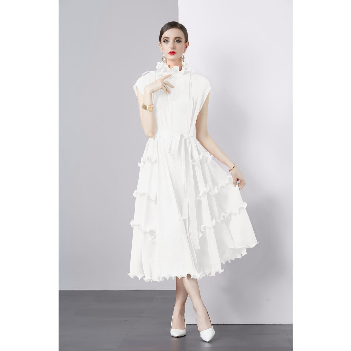 Women Solid Color Pleated Chiffon Dress