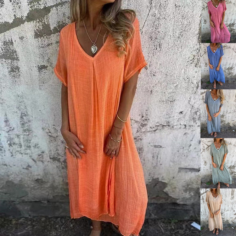 Vestido informal de verano para mujer, holgado, de algodón y lino con cuello en V