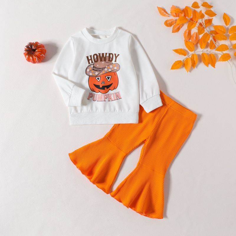 Conjunto de top y pantalón de manga larga con estampado de calabaza informal para niña pequeña