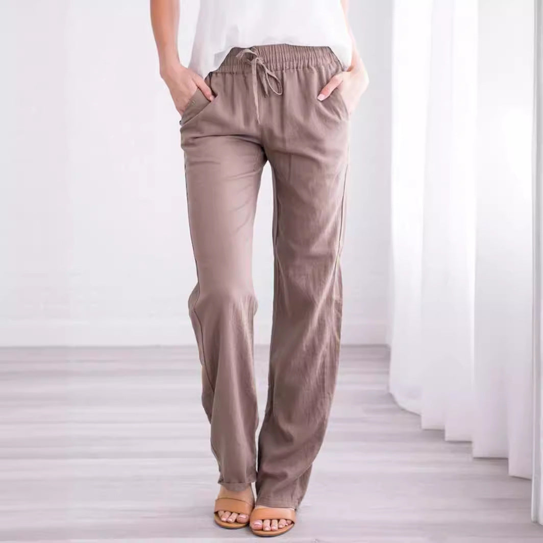 Pantalones casuales de algodón y lino de color sólido para mujer