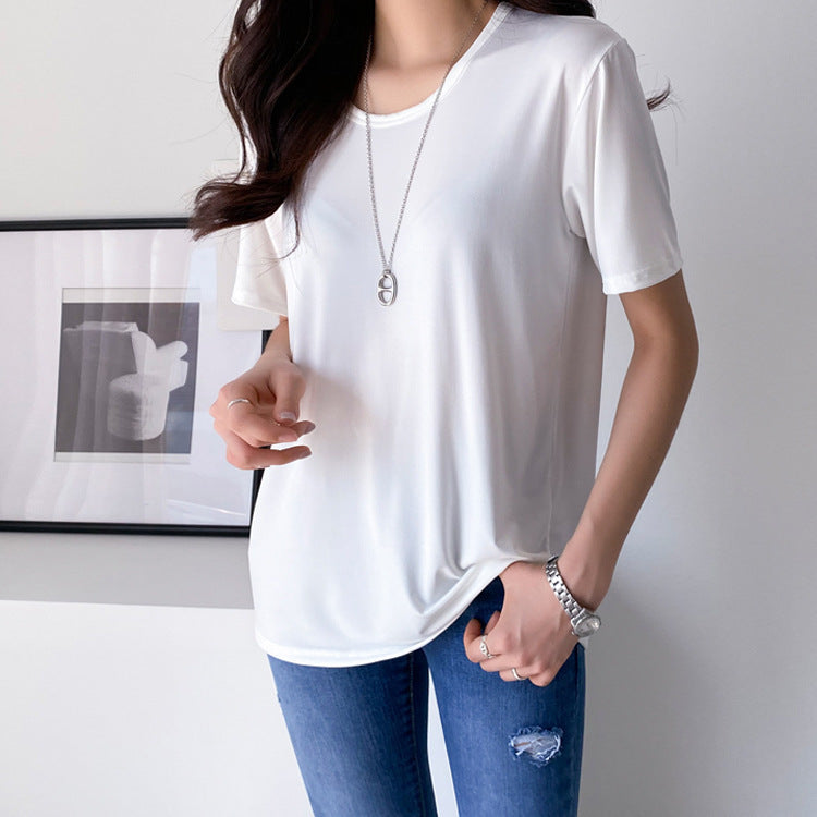 Women Simple Basic Solid Color Short Sleeve Round Neck Blank T-Shirt