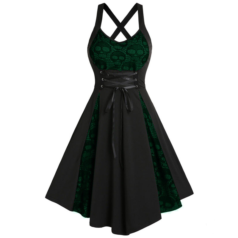 Gothic Women Fashion Skull Lace Stitching Dress